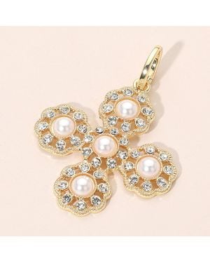 Fashnzfab Pearl Accent Rhinestone Rim Round Cross Pendant Bag Charm - Metallic