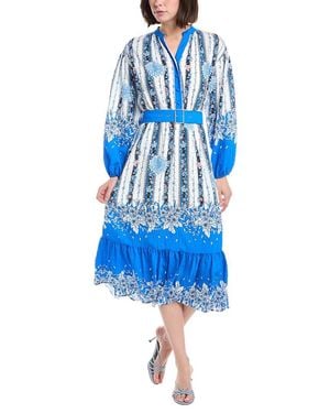 Tahari Split Neck Half Placket Midi Shirtdress - Blue