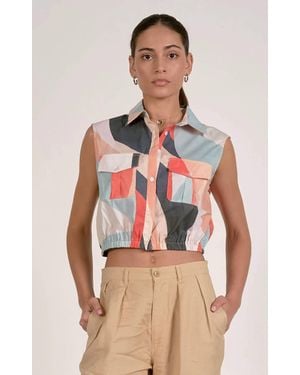 Elan Abstract Cropped Button Up Top - Multicolor