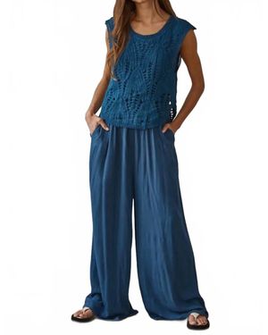 By Together Woven Cotton Round Neck Sleeveless Wide Leg Jumpsuit - Blue
