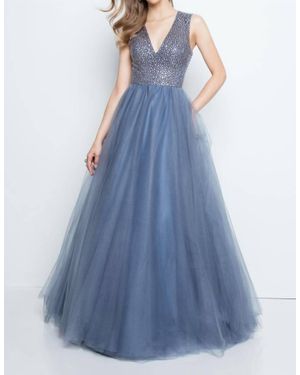 Terani Sleeveless V-Neck Tulle Prom Ball Gown - Blue