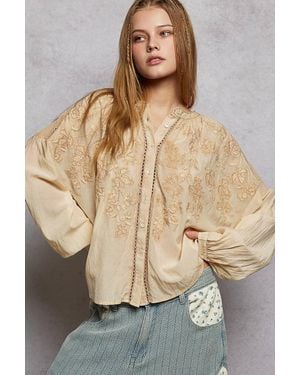 TRUEDAMES Embroidery Button Down Long Sleeve Washed Shirt - Natural