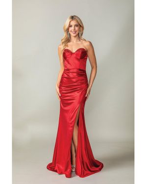 DQ Ruched Satin Gown With Embellished Bustline And Side Slit Prom Dress - Red