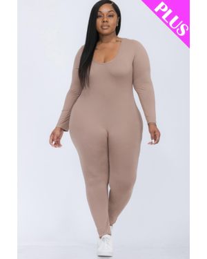 TRUEDAMES Plus Size Scoop Neck Long Sleeve Bodycon Jumpsuit - Natural