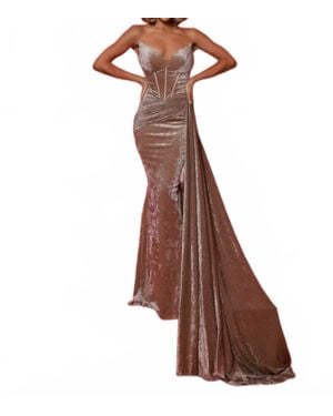 Johnathan Kayne Strapless V-Neck Draped Prom Gown - Brown