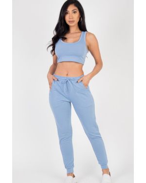 TRUEDAMES Fashnzfab French Terry Cropped Tank Top & Sweatpants Set - Blue