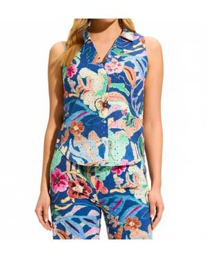 Fdj Perrine Printed Eyelet Sleeveless Shirt - Blue