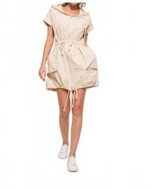 And The Why Short Sleeve Drawstring Hooded Mini Dress - Natural
