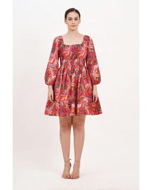 Leota Genevieve Square Neck Mini Dress Palm Foliage Poppy - Red