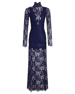 Rabanne High Neck Lace Scalloped Hem Polyamide Long Evening Dress - Blue