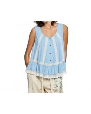 Pol Metal Button Down Lace Trim Tank - Blue