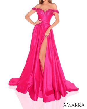 Amarra Floral Neckline Pleated Waist High Slit Dress - Pink