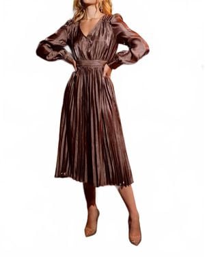 BY THE RIVER Satin Pleated Midi Dress - Brown