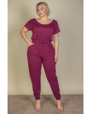 TRUEDAMES Plus Size Solid Drawstring Short Sleeve Jumpsuit - Pink
