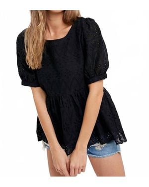 Bluivy Eyelet Lace Puff Sleeve Peplum Top - Black