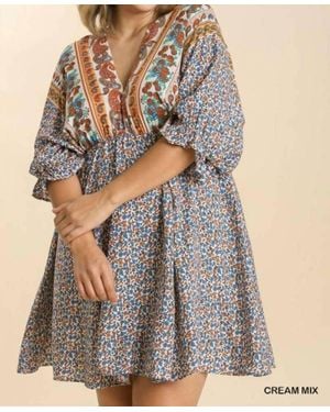 Umgee Mixed Print Bohemian Dress - Gray