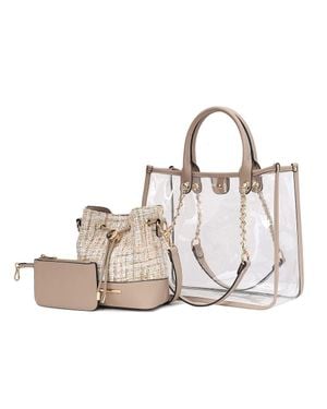 MKF Diva Pvc Tote Bag With Tweed Bucket Bag And Small Pouch Purse By Mia K - Natural