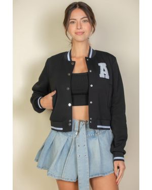 TRUEDAMES Ezwear Letter Patched Crop Varsity Jacket - Blue