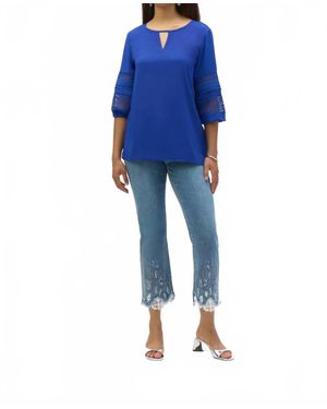 Joseph Ribkoff Georgette Keyhole Neckline Three Quarter Puff Sleeves Top - Blue