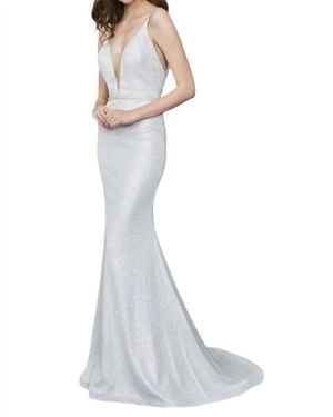 Angela & Alison Plunging V-Neck Prom Dress - White