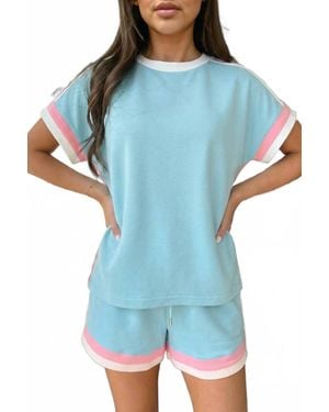 Shewin Striped Trim Casual Tee And Drawstring Shorts Set - Blue