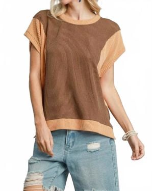 Umgee Raised Rib Color Block Top - Blue