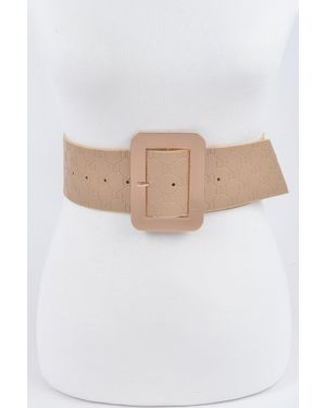 Fashnzfab Big Metal Buckle Embossed Belt - White