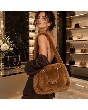 Fashnzfab Solid Plush Faux Fur Shoulder Tote Bag - Brown