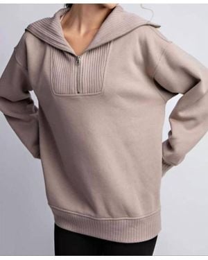 Rae Mode French Terry Fleece Ribbed Mock Neck Pullover Top - Gray
