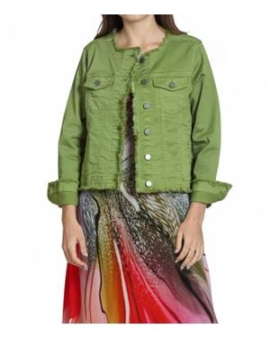 Apny Collarless Jean Jacket With Frayed Detail - Green