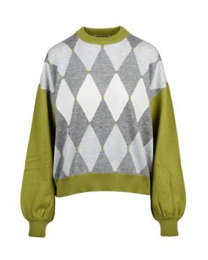 Ballantyne Crewneck Sweater With Bold Argyle Pattern And Puff Sleeves - Green
