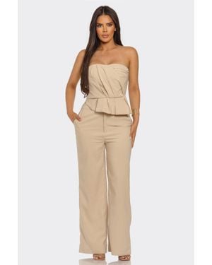 TRUEDAMES Strapless Asymmetric Pleated Top With Wide-Leg Pants Set - Natural