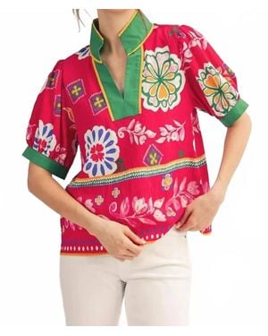 Jodifil Solid Trim Vibrant Print Top - Pink