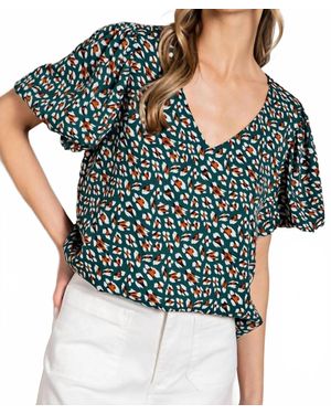 Eesome V Neck Print Short Sleeve Top - Green