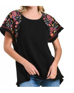 Umgee Embroidered Sleeve Frayed Ruffle Trim Top - Black