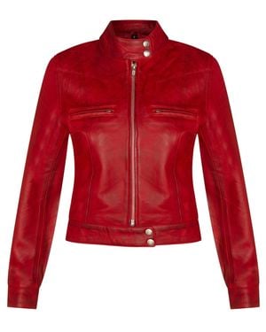 Infinity Leather Plain Leather Moto Biker Jacket-Braga - Red