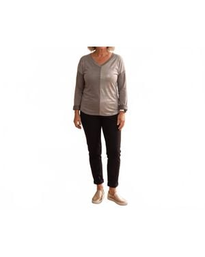 Made In Italy Two Tone Long Sleeve V-Neck Top - Black