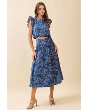 TCEC Floral Print A Line Side Tie Wrap Midi Skirt - Blue