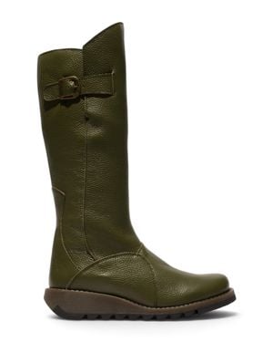 Fly London Military Leather Wedge Heel Knee High Long Boots - Green