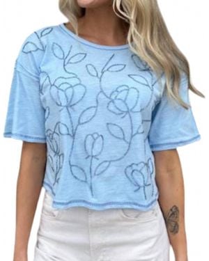 Mystree Beaded Floral Applique Slub Tee - Blue