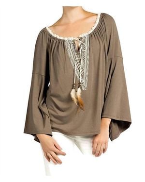 Kori Embroidered Bell Sleeve Knit Top - Brown