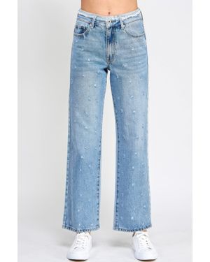 TRUEDAMES High Rise Dad Jeans W/ Fringe Waistband Detail - Blue