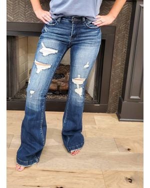 Petra153 Destroyed Mid Rise Stretch Flare Jeans - Blue