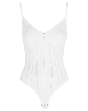 Elisabetta Franchi Ivory Body Tricot Rhinestones Viscose-Blend Bodysuit - White