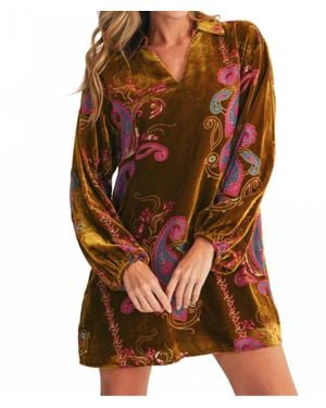 Jodifil Long Puff Sleeves Paisley Print Velvet Mini Dress - Brown