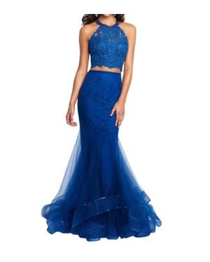 Blush Prom Halter Tulle Lace Mermaid Two Piece Gown - Blue