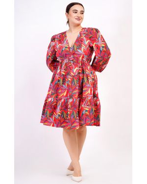 Leota Zariah Empire Waist Mini Dress Palm Foliage Poppy - Red