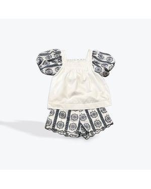 Umgee Puffed Eyelet Sleeved Top & Floral Embroidered Shorts - White