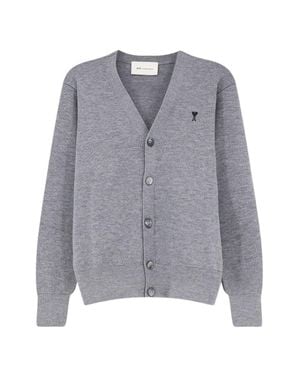 Ami Paris Button-Up Cardigan Sweater With V-Neckline And Ribbed Cuffs - Gray