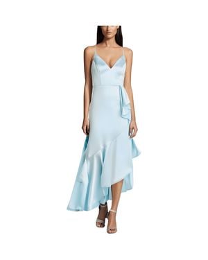 Aqua Ruffled Satin Midi Dress - Blue